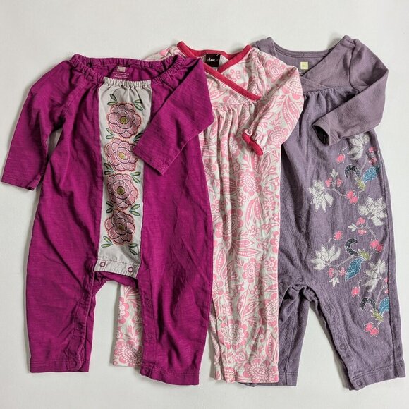 Tea Collection Bundle 3 Rompers Baby Girl 0-3 Months Pinks & Purples - Picture 1 of 14